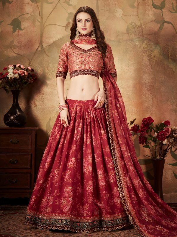 Red Floral Organza Lehenga Choli with Embroidered Peach Blouse