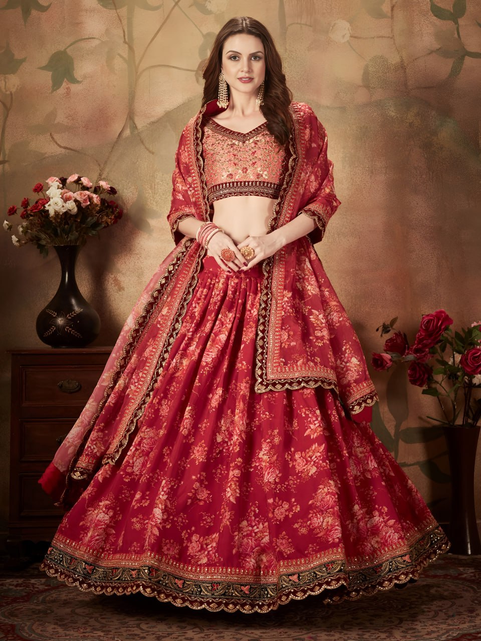 Red Floral Organza Lehenga Choli with Embroidered Peach Blouse