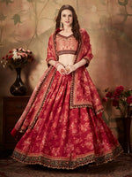 Red Floral Organza Lehenga Choli with Embroidered Peach Blouse