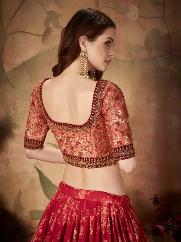 Red Floral Organza Lehenga Choli with Embroidered Peach Blouse