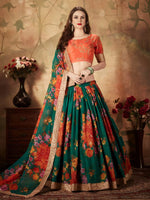 Green Floral Organza Lehenga Choli with Orange Embroidered Blouse