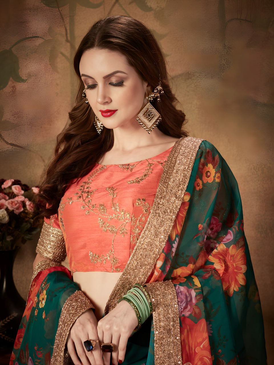 Green Floral Organza Lehenga Choli with Orange Embroidered Blouse