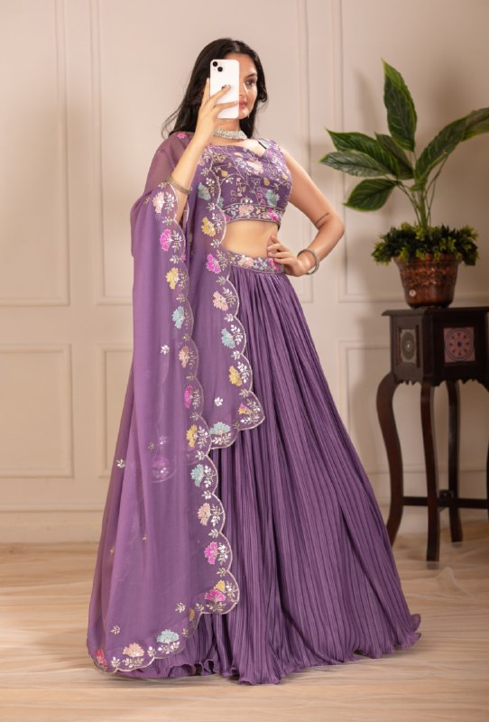 Lavender Color Lehenga Choli Set with Embroidered Blouse & Dupatta