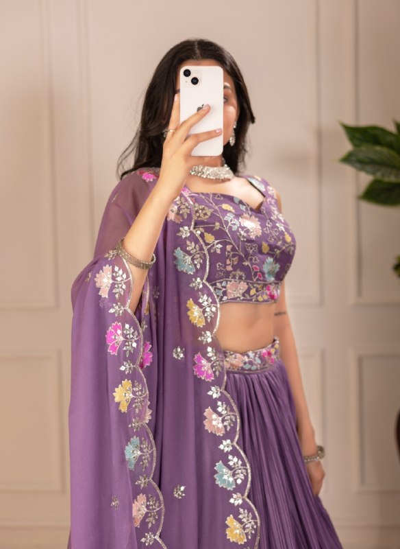 Lavender Color Lehenga Choli Set with Embroidered Blouse & Dupatta