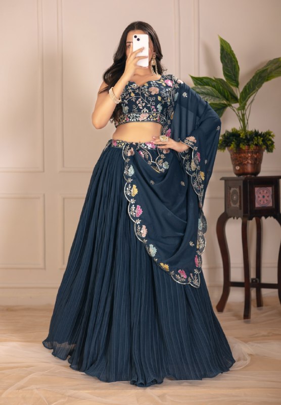 Teal Blue Lehenga Choli Set with Embroidered Blouse & Dupatta