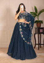 Teal Blue Lehenga Choli Set with Embroidered Blouse & Dupatta