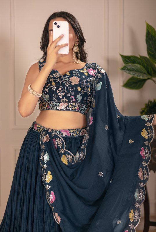 Teal Blue Lehenga Choli Set with Embroidered Blouse & Dupatta