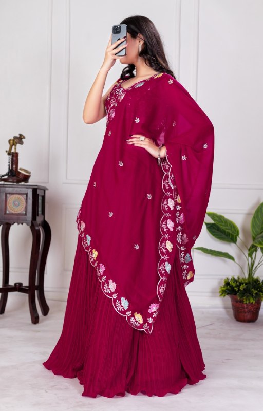 Dark Pink Lehenga Choli Set with Embroidered Blouse & Dupatta