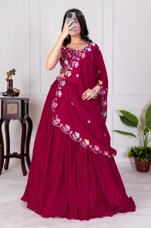 Dark Pink Lehenga Choli Set with Embroidered Blouse & Dupatta