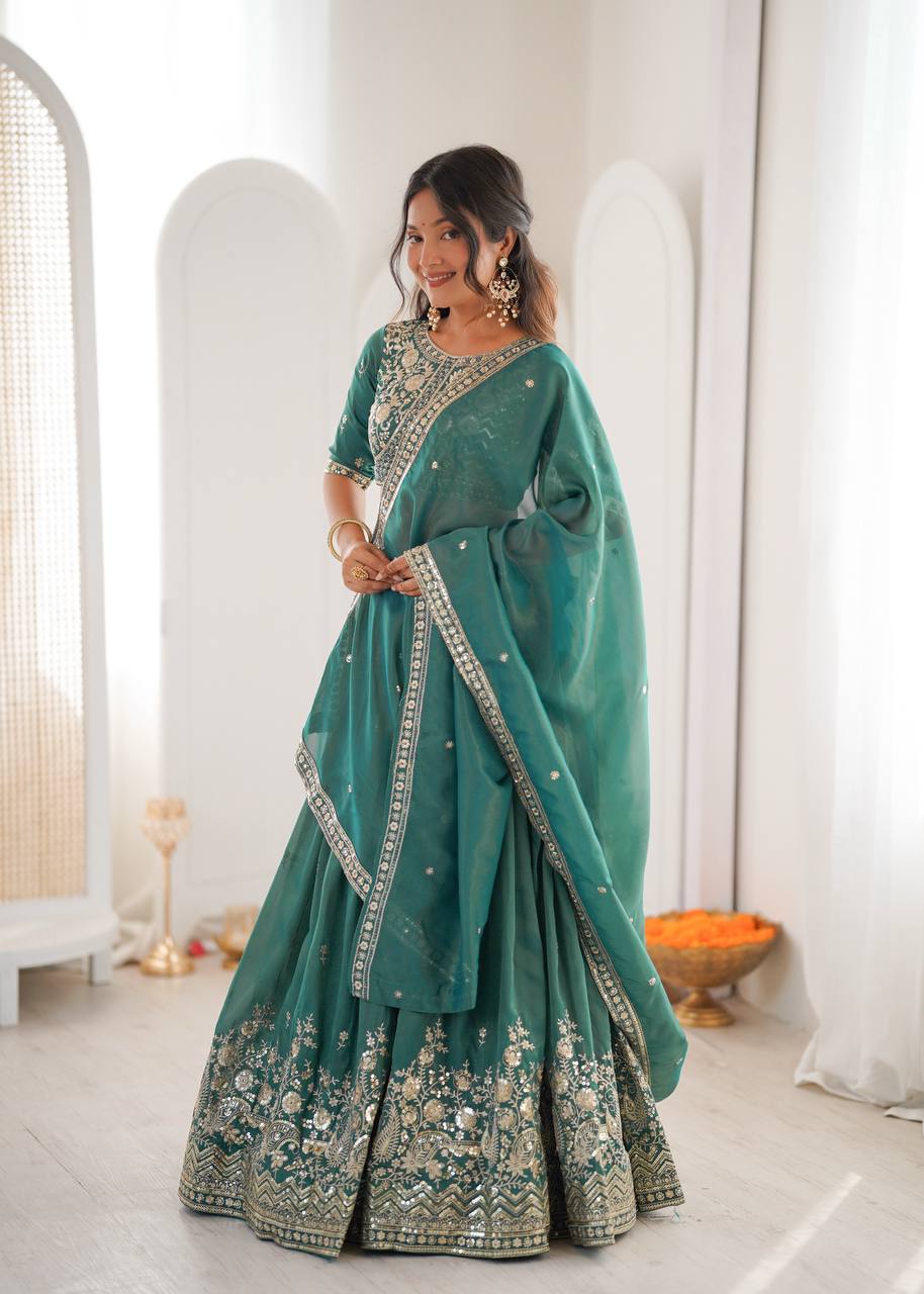 Rama Green Heavy Shimmer Silk with Thread & Sequins Work Lehenga Choli