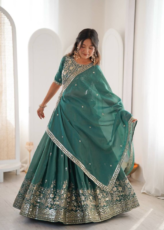 Rama Green Heavy Shimmer Silk with Thread & Sequins Work Lehenga Choli