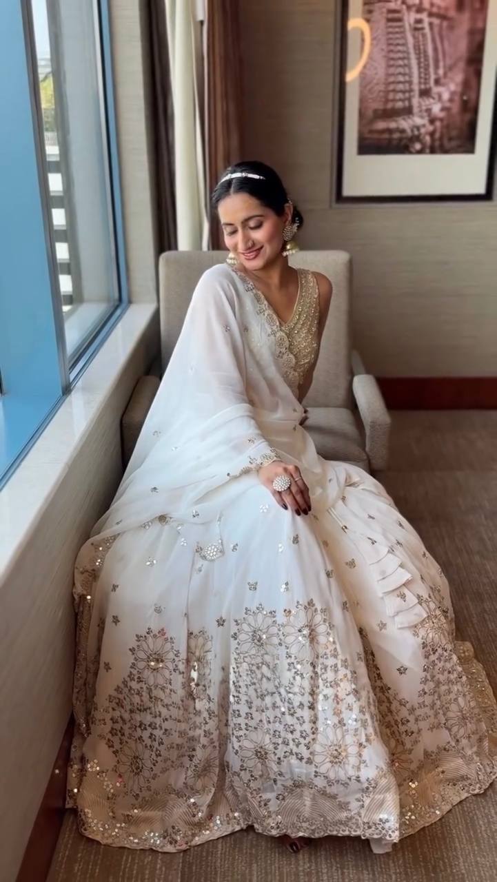 Designer White Faux Georgette Lehenga Choli with Heavy Flair & Dupatta