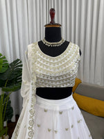 Designer White Faux Georgette Lehenga Choli with Heavy Flair & Dupatta