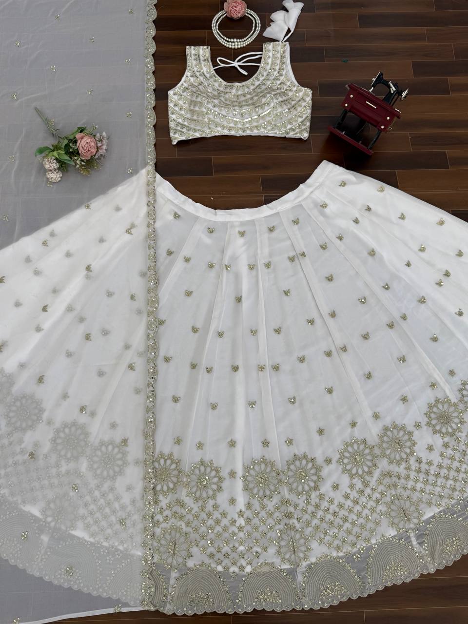 Designer White Faux Georgette Lehenga Choli with Heavy Flair & Dupatta