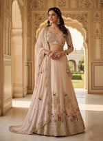Cream Faux Georgette Lehenga Choli with Sequins Embroidery Party Wear Lehenga