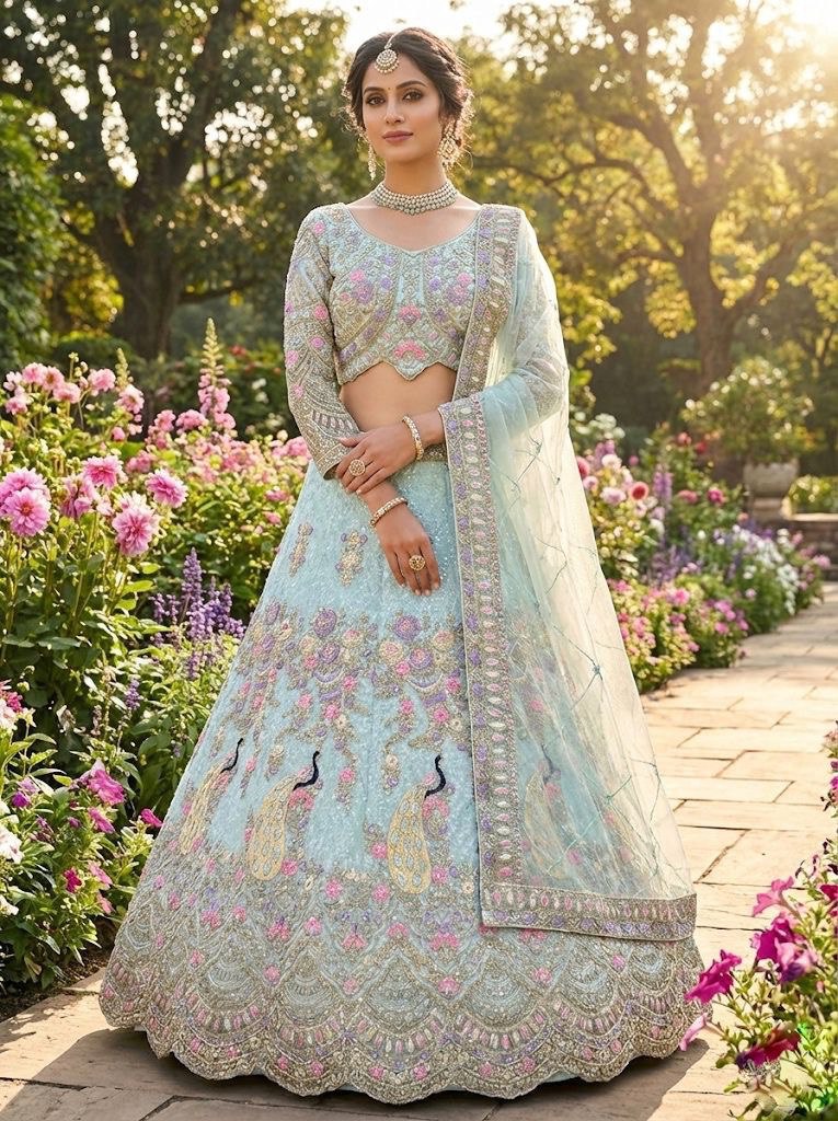 Sky Blue Color Designer Embroidery Lehenga Choli