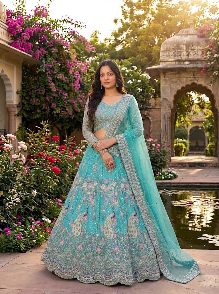 Sky Color Designer Embroidery Lehenga Choli