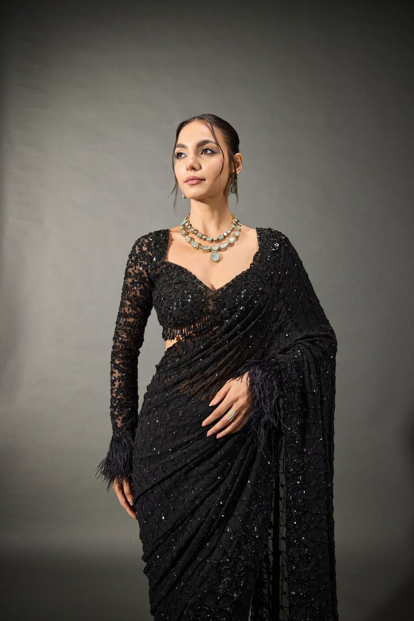 Black Party Wear Saree Heavy Sequence Work