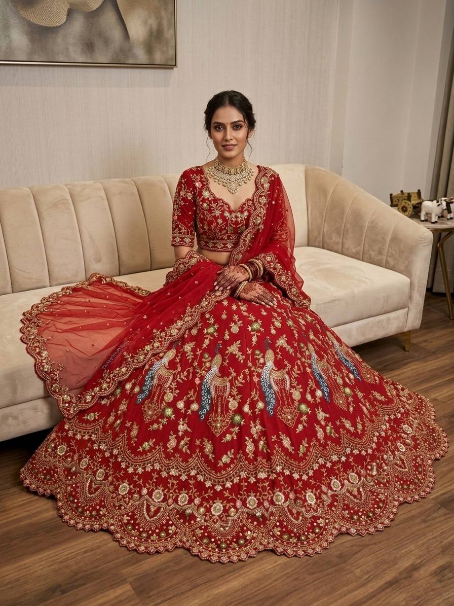 Red Faux Georgette Embroidered Lehenga Choli for Women