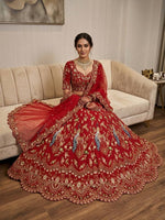 Red Faux Georgette Embroidered Lehenga Choli for Women