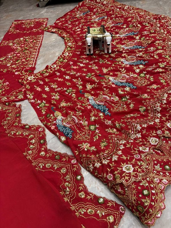 Red Faux Georgette Embroidered Lehenga Choli for Women