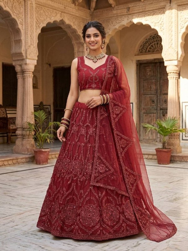 Red Premium Butterfly Net Lehenga Choli for Women