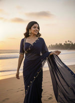 Navy Blue Color Designer Faux Georgette with Hand Work Saree