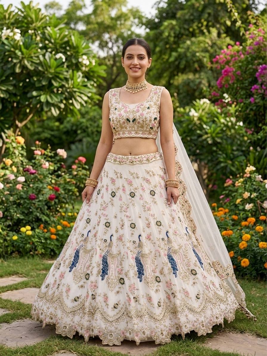 White Faux Georgette Lehenga Choli for Women