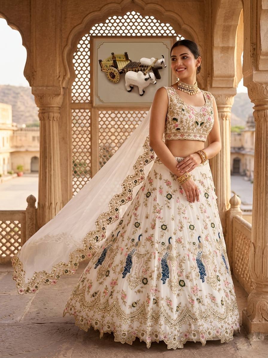 White Faux Georgette Lehenga Choli for Women