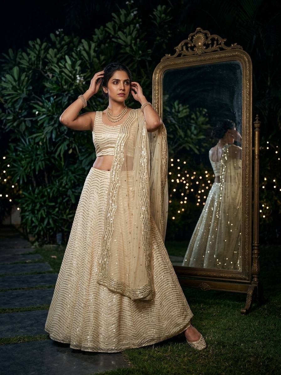 Cream Organza Silk Embroidered Lehenga Choli for Women