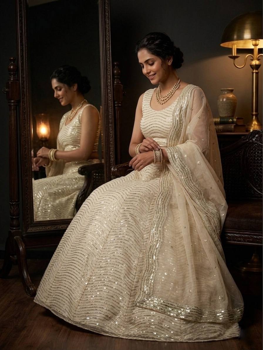 Cream Organza Silk Embroidered Lehenga Choli for Women