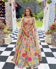 Charming Multicolored Thread And Sequins Embroidered Floral Lehenga - Joshindia