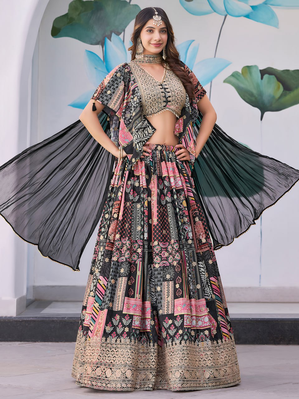 Black Multicolor Designer Printed Embroidered Lehenga Choli