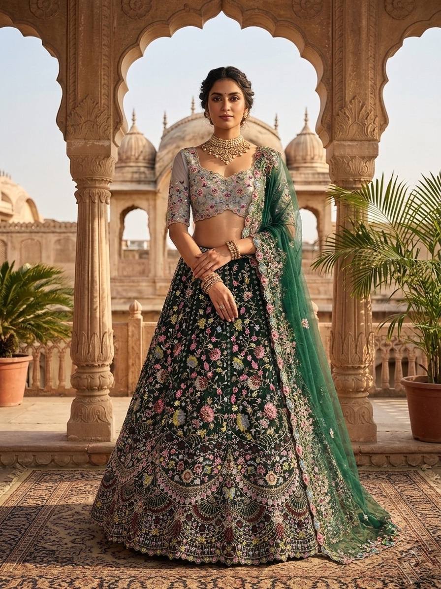 Green Malai Silk Sequins Embroidered Cut Work Lehenga Choli