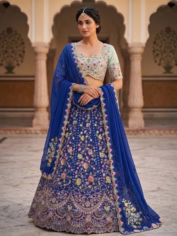 Blue Malai Silk Sequins Embroidered Cut Work Lehenga Choli