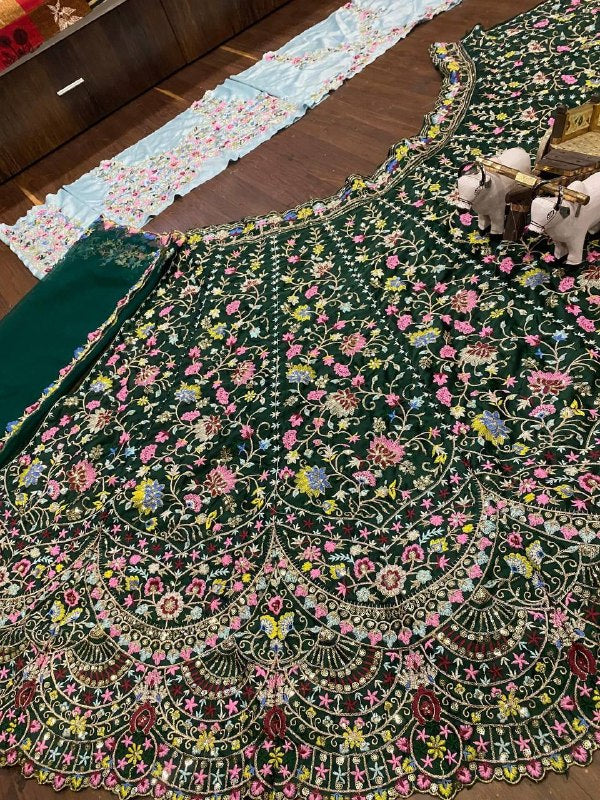 Green Malai Silk Sequins Embroidered Cut Work Lehenga Choli