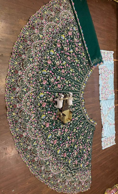 Green Malai Silk Sequins Embroidered Cut Work Lehenga Choli