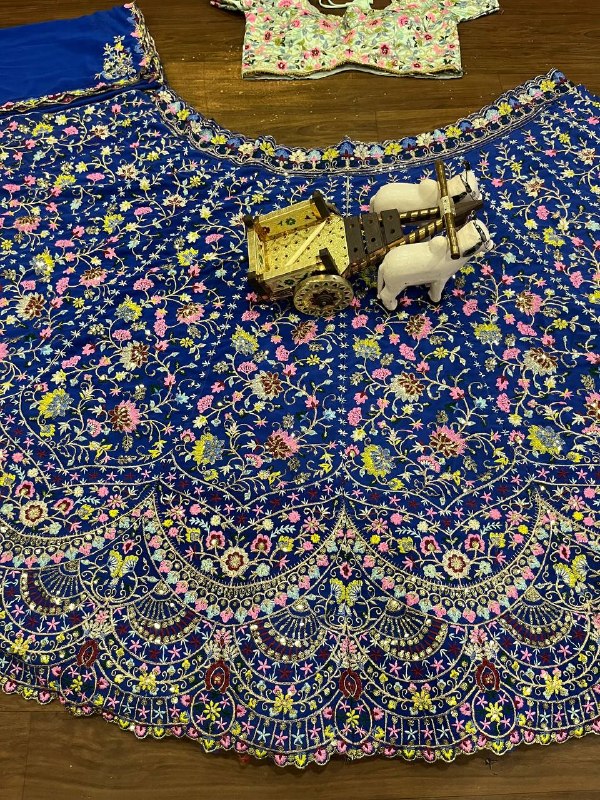 Blue Malai Silk Sequins Embroidered Cut Work Lehenga Choli