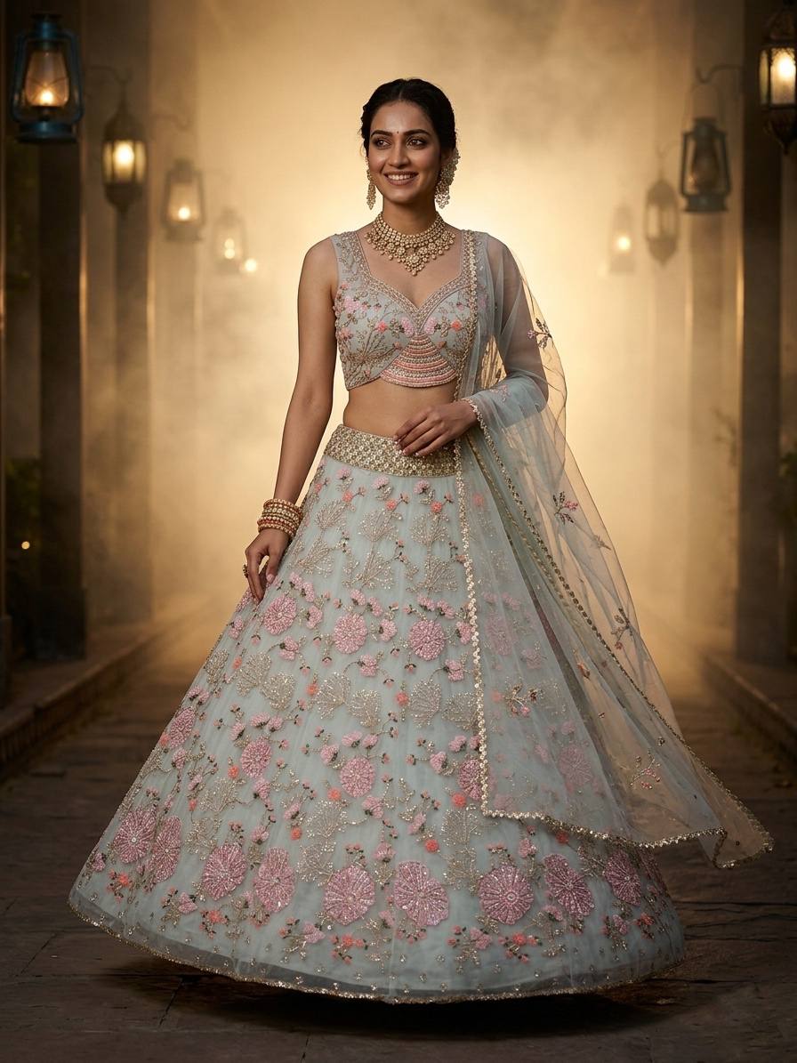 Sky Pink Tabby Silk Pearl Sequins Embroidered Lehenga Choli