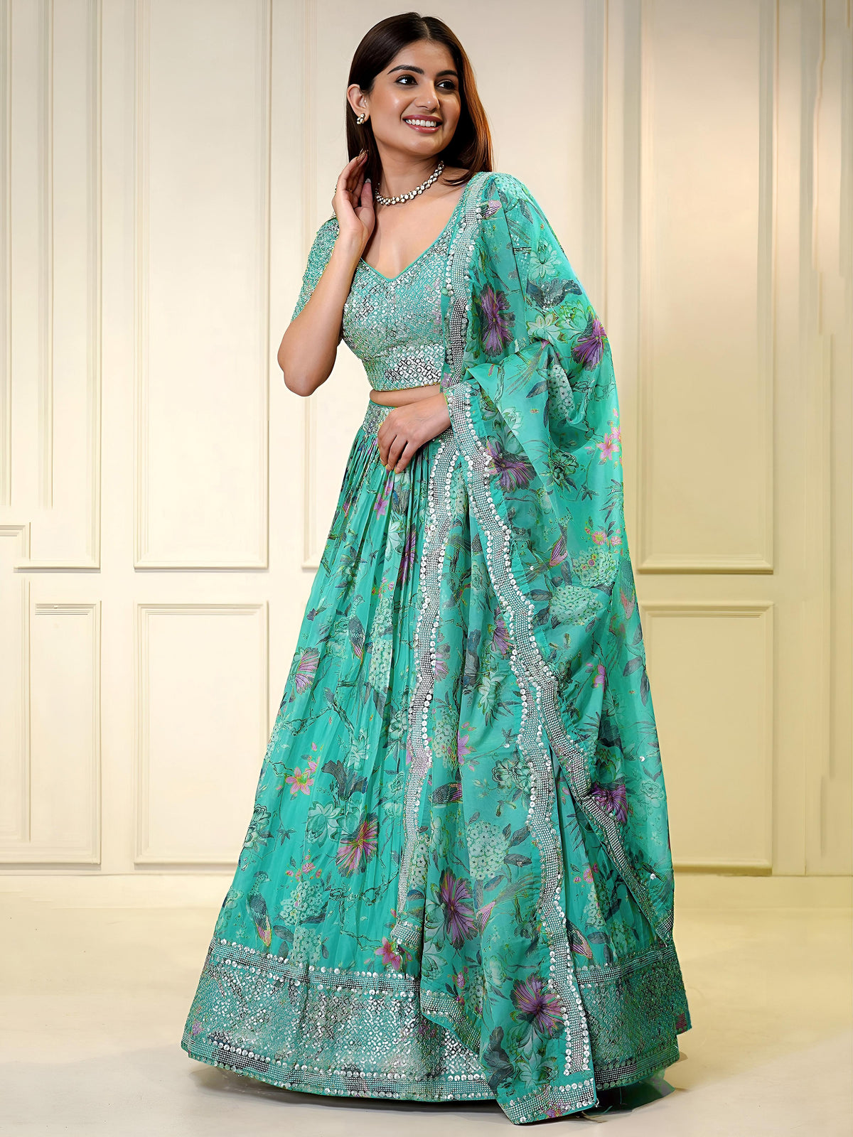 elegant multicolor Organza floral print Lehenga Choli