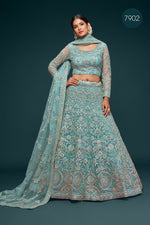 Beautiful Sea Blue Embroidered Soft Net Lehenga - Joshindia