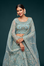 Beautiful Sea Blue Embroidered Soft Net Lehenga - Joshindia