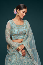 Beautiful Sea Blue Embroidered Soft Net Lehenga - Joshindia