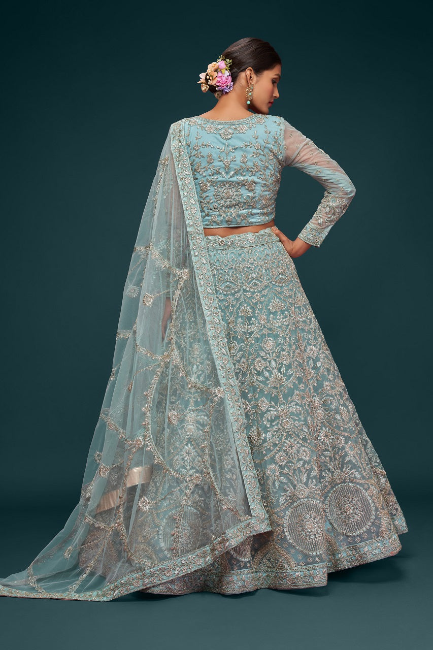Beautiful Sea Blue Embroidered Soft Net Lehenga - Joshindia