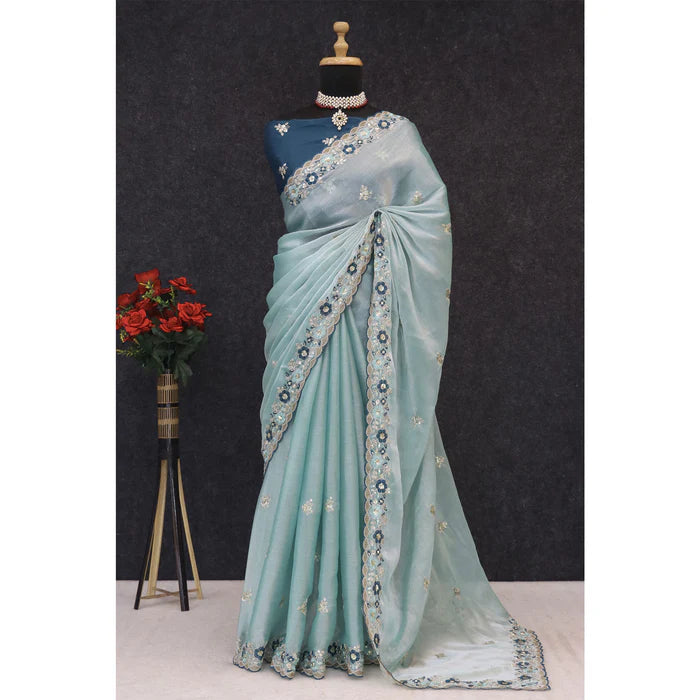 Sky Blue Jimmy Choo Chiffon Party Wear Saree with Heavy Pallu Embroidery