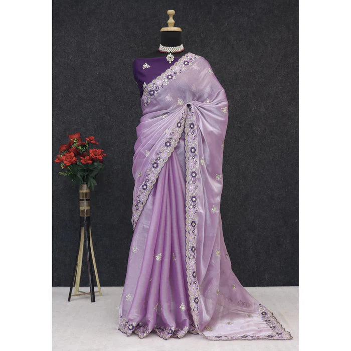 Lavender Jimmy Choo Chiffon Party Wear Saree with Heavy Pallu Embroidery