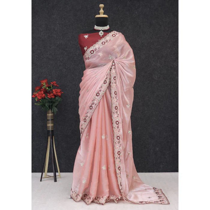 Peach Jimmy Choo Chiffon Party Wear Saree with Heavy Pallu Embroidery