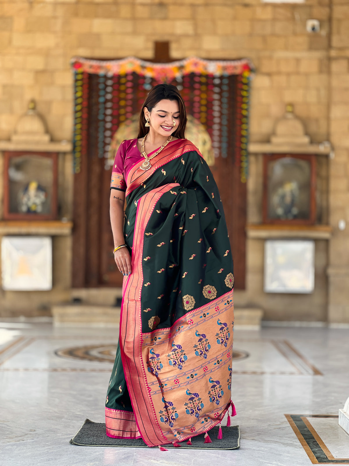 Bottle Green Color Paithani Silk Designer Saree