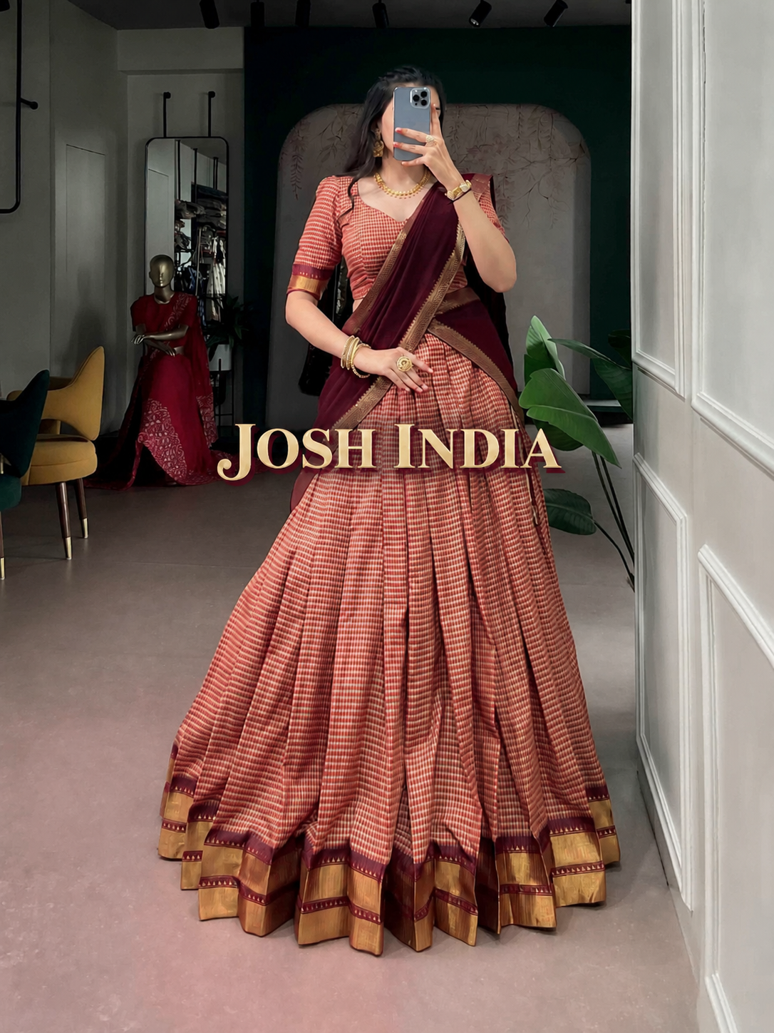 South Indian Half Saree Lehenga Kanchi Cotton Zari Border with Dupatta Festive