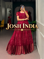 Kota Checks Long Dress Bandhej Print Zari Weaving Sleeves Flared Gown Women